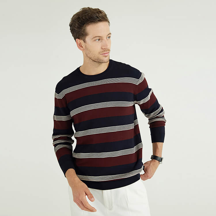 Stripe Stitching Round Neck Wool Knit Plus Size Men'S Sweaters