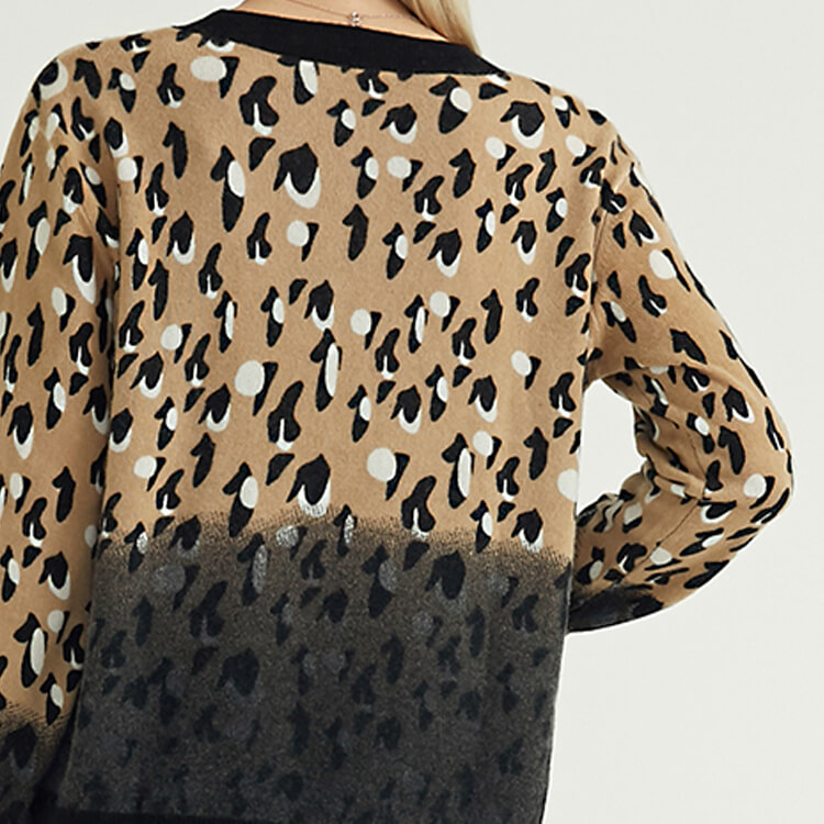 Leopard Printing Crew Neck Pure Casual Women Knit Cashmere Knitted Pullover Sweaters