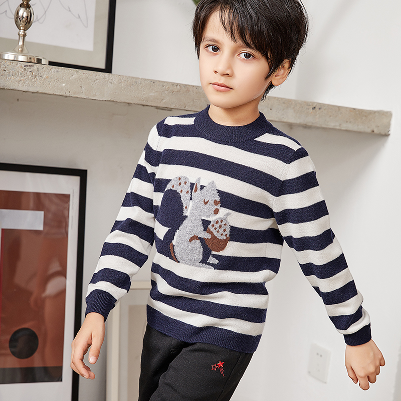 Striped Knit Squirrel Embellished Long Sleeve Pullover Boys Sweater