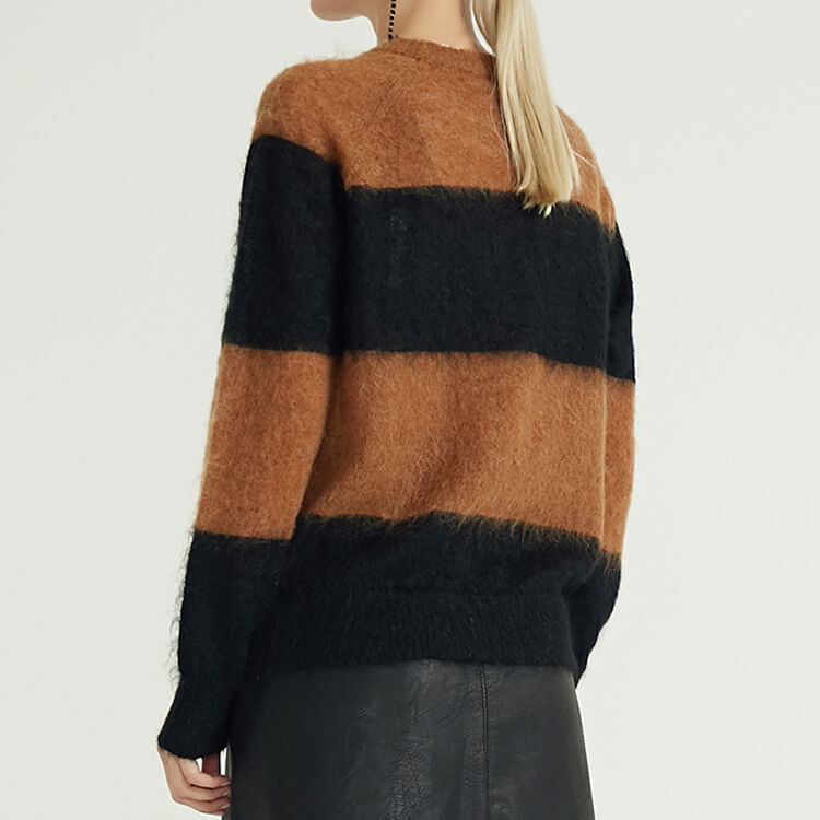 Mohair Knitted Long Sleeve Crew Neck Stripe Tops Women's Knitted Oversized Sweaters Women