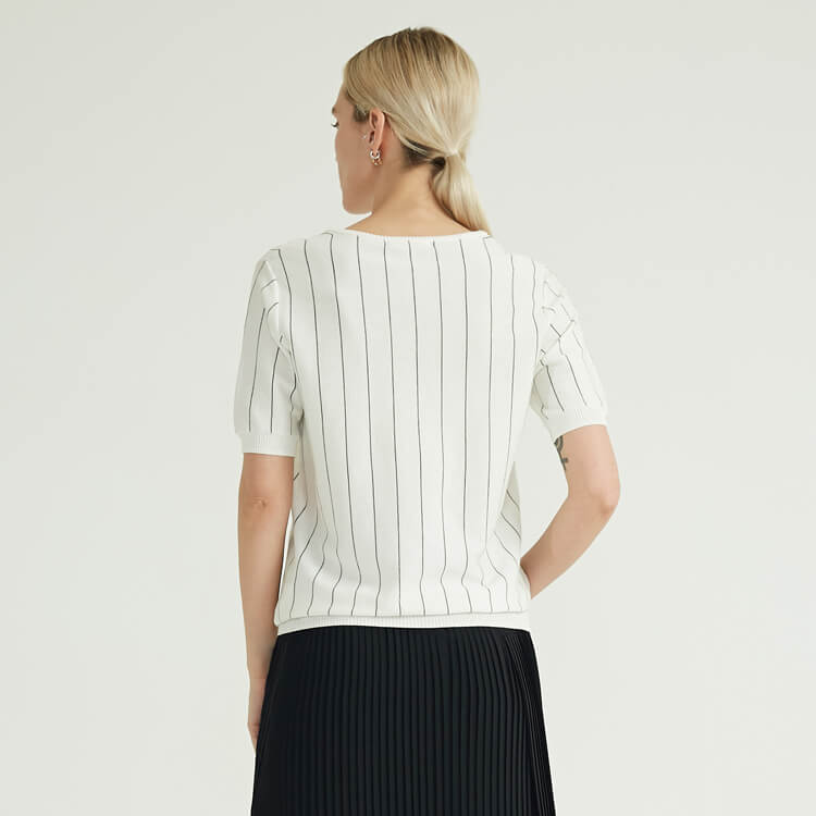 Spring And Summer White Half Sleeve Pinstripes Wool Sweater Pullover For Women