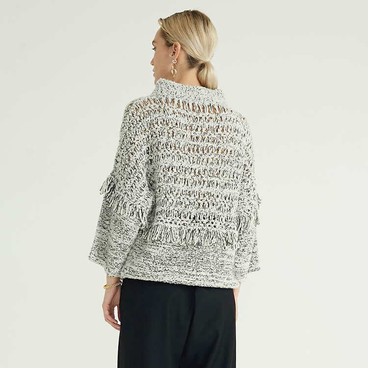 Half Turtleneck Fringed Minimalist Design Knitted Pullover Woman's Sweater