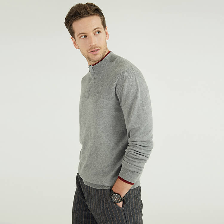 1/4 Zip Pullover Knitted Simple Contrast Color Long-sleeved Men's Sweater