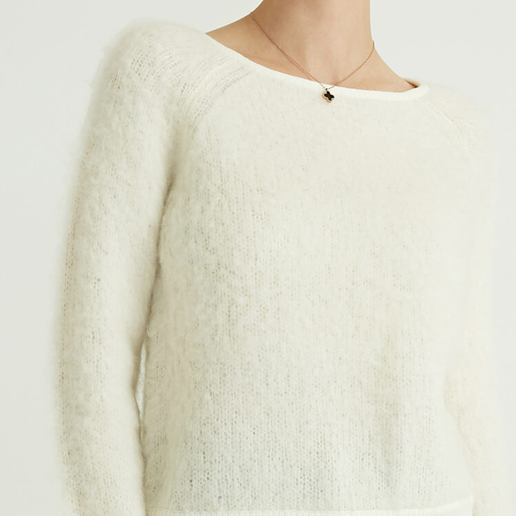 Solid Crew Neck Fashion Loose Casual Pullovers Mohair Crochet Sweater Women