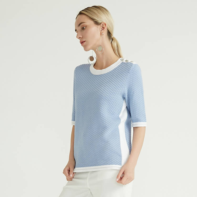 Round Neck Half Sleeve Light Blue Knit Woolen Sweaters For Women
