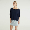 Blue Woven Striped Fabric Panel Design Knitted Pullover Sweater For Women