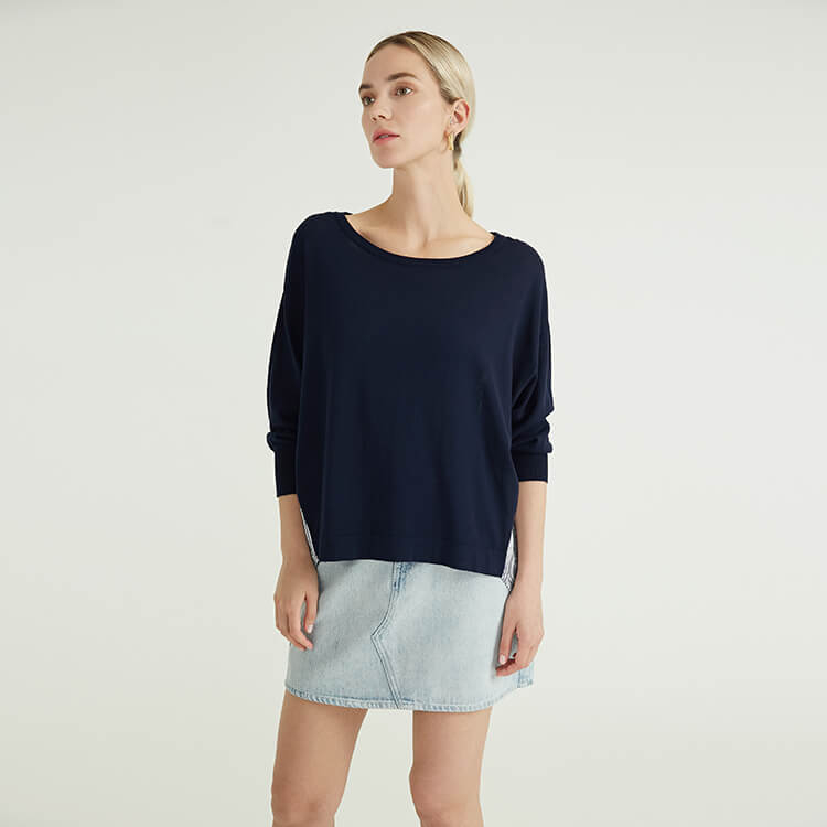 Blue Woven Striped Fabric Panel Design Knitted Pullover Sweater For Women
