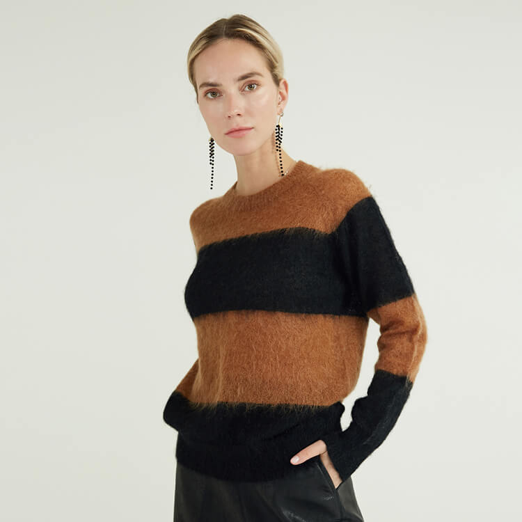 Round Neck Long Sleeve Wide Stripe Decoration Oversized Cashmere Womens Sweater
