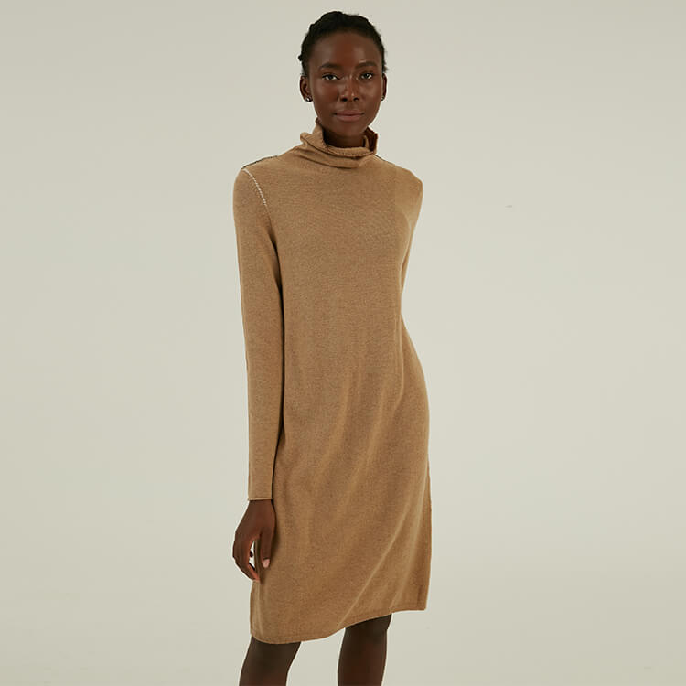 Personalized 100% Cashmere Hand Stitching Turtleneck Knit Long Sweater Dress