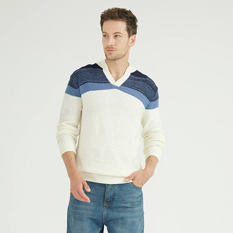 Mens 100% Cashmere Fancy knitted V neck Long Sleeves Pullover With Colour Block
