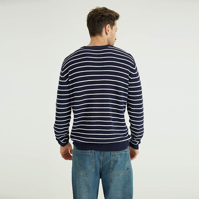 Custom Men's 100% Cotton Vintage Navy White Striped Crew Neck Sweater
