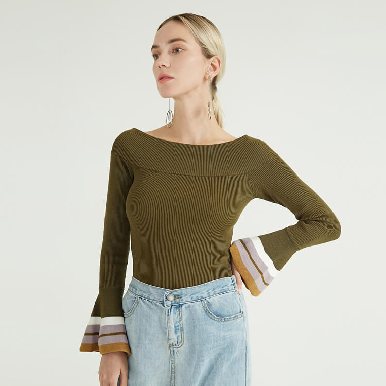 Classic Collar Flared Sleeve Panel Design Cashmere Knit Woolen Sweater For Women