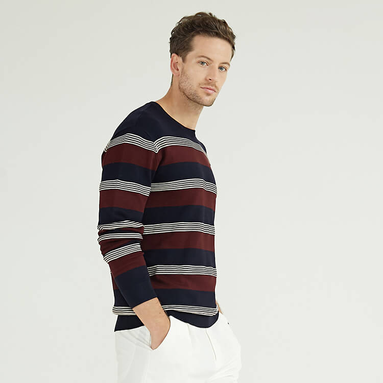 Stripe Stitching Round Neck Wool Knit Plus Size Men'S Sweaters