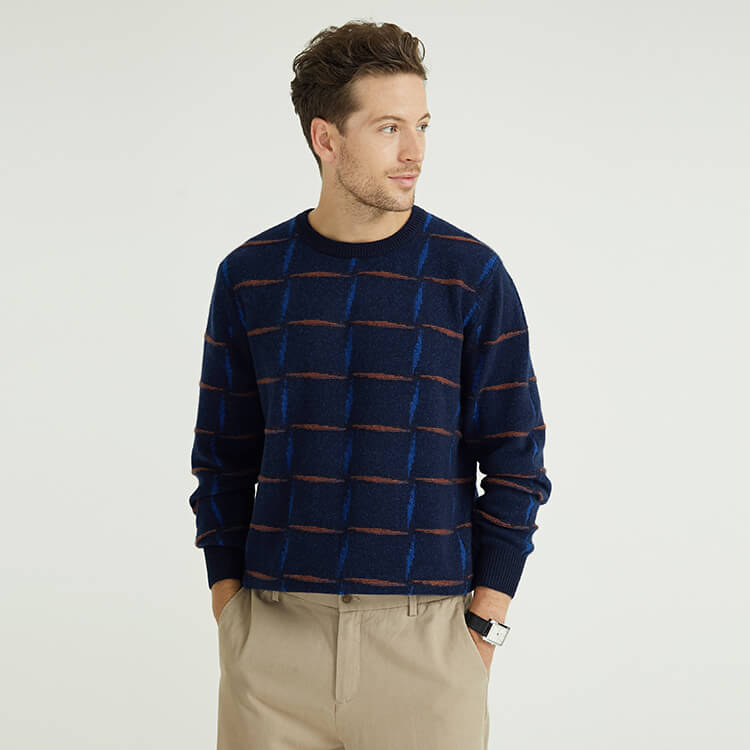 Long Sleeved Jacquard Knit Cashmere Sweaters For Men
