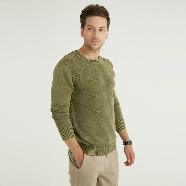 Green Button Knitted Long Sleeves Cashmere Sweater For Men