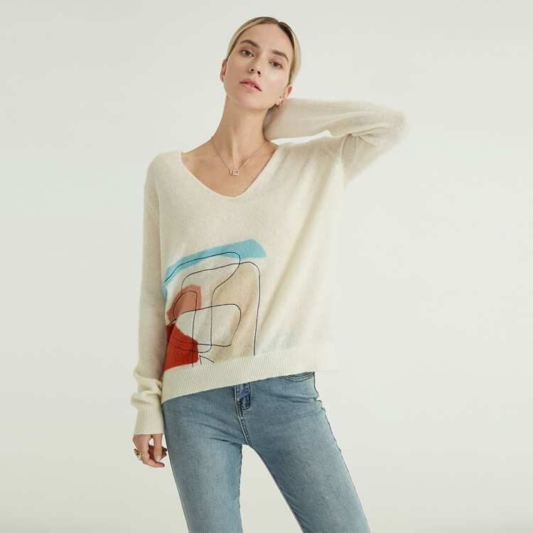 V-neck Solid Color Knitted Print Simple Winter Women Sweater Pullover