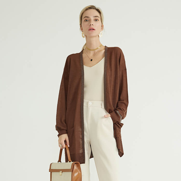 Acrylic Linen Brown Bold Silver Custom Knit Medium Length Breathable Knitted Cardigan