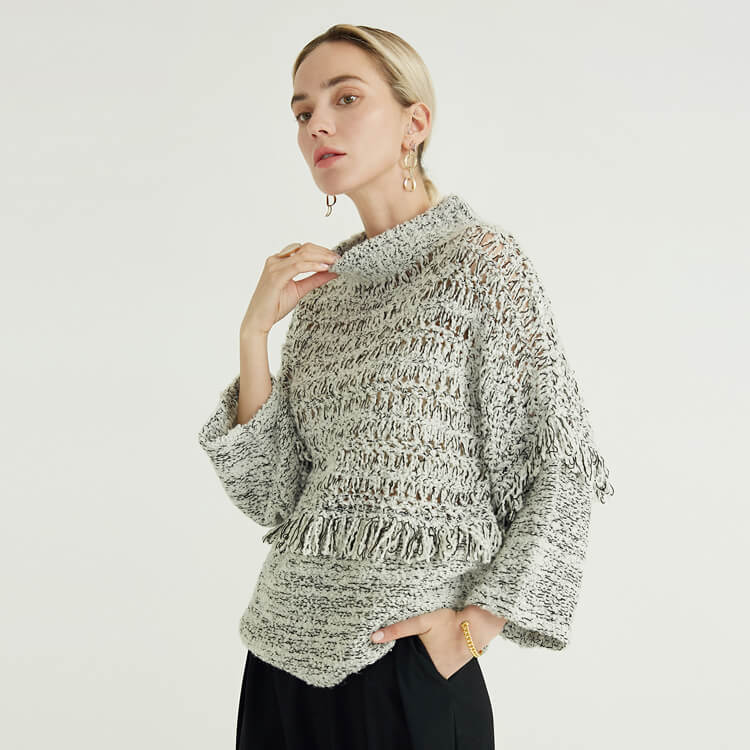 Half Turtleneck Fringed Minimalist Design Knitted Pullover Woman's Sweater