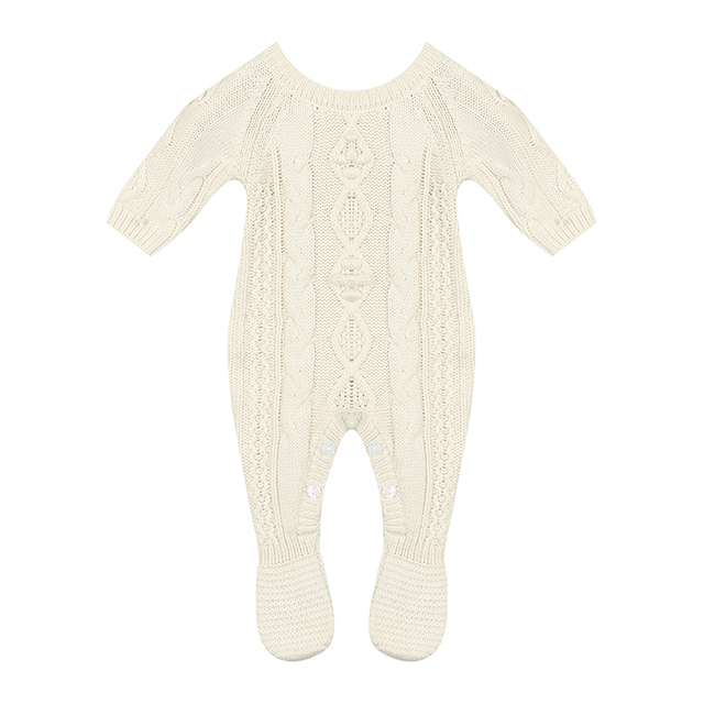 Classic Long Sleeve Solid Color Fashionable Button Design Baby Knitted Jumpsuit