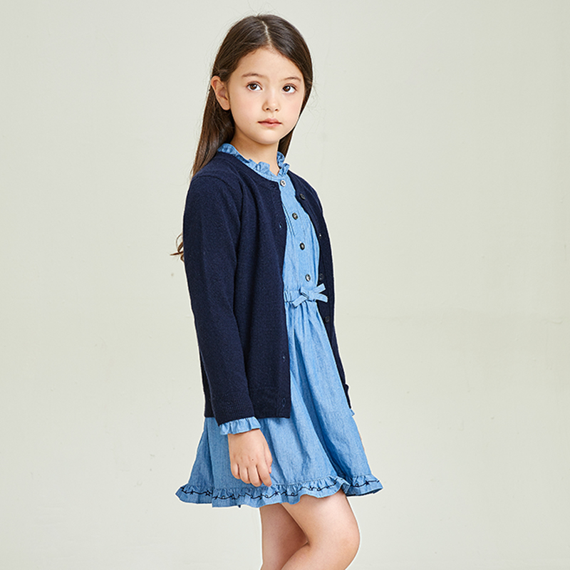 Blue Knitted Solid Button Girls' Coat Cardigan