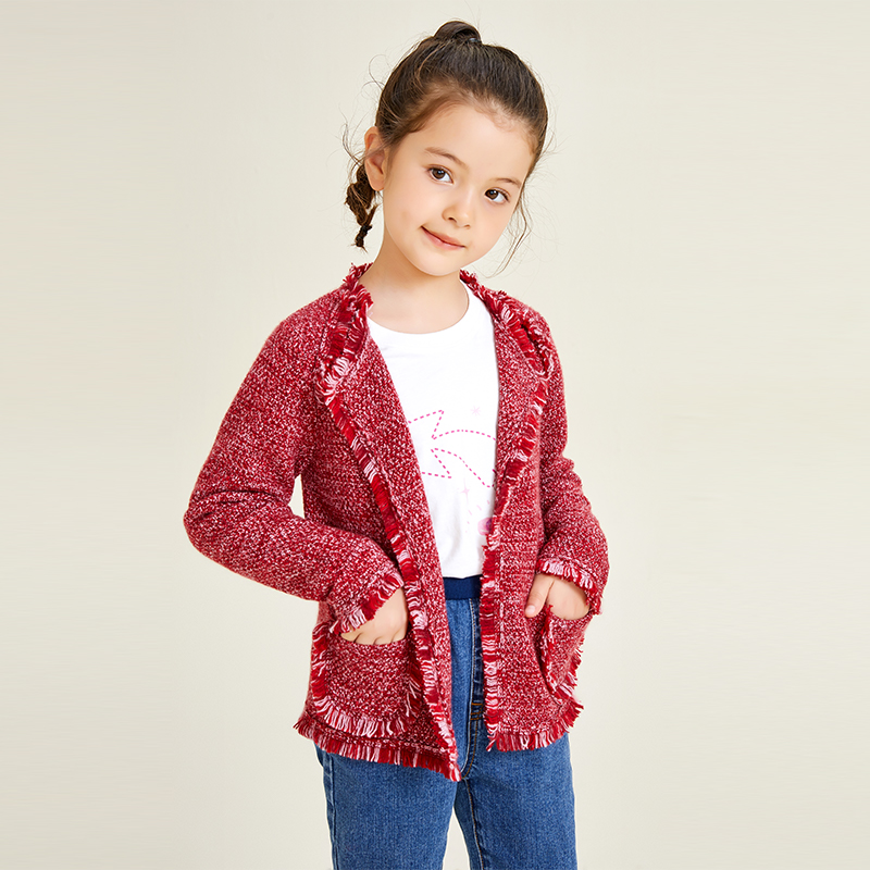 Little Fragrant Red Classic Design Long Sleeve Knitted Girls Cardigan