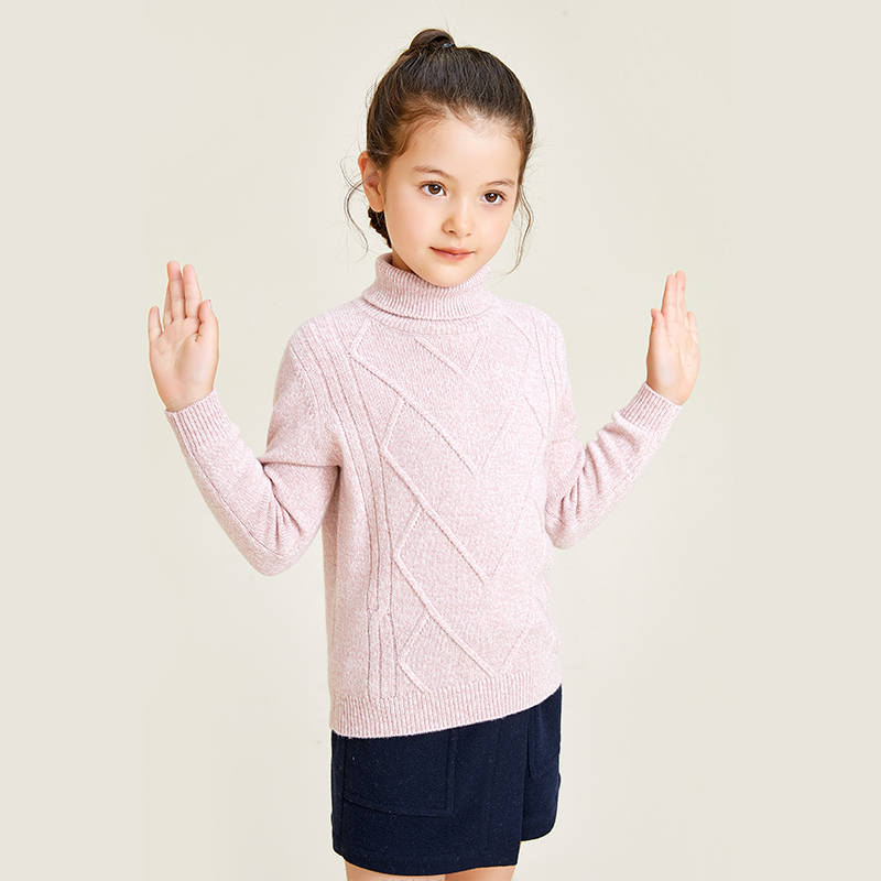 Long Sleeve High Neck Diamond Pattern Knitted Girls Pullover Sweater