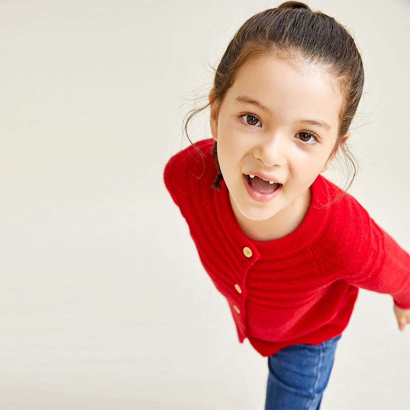 Red Knitted Long Sleeve Round Neck Button Decorative Girls' Cardigan