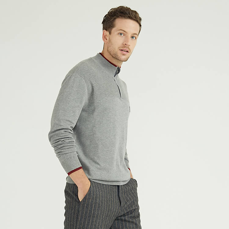 1/4 Zip Pullover Knitted Simple Contrast Color Long-sleeved Men's Sweater