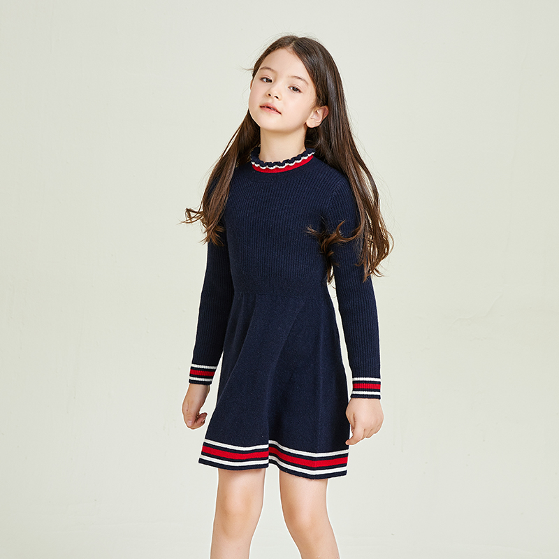 Medium Neck Knitting Stitching Stripe Decorative Design Girls\' Dress