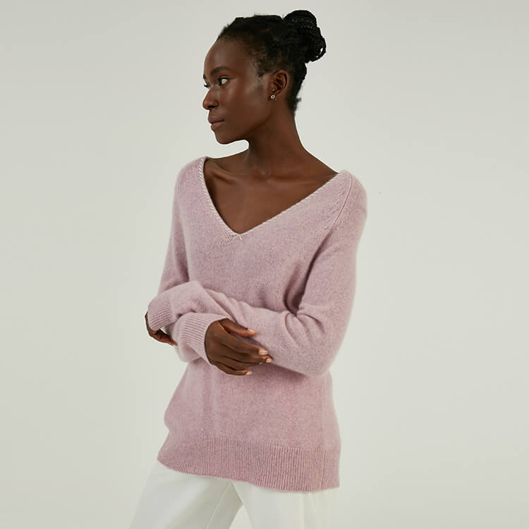 Manufacturer Custom 100% Cashmere Hand Stitching Pink V-neck Knitting Sweater