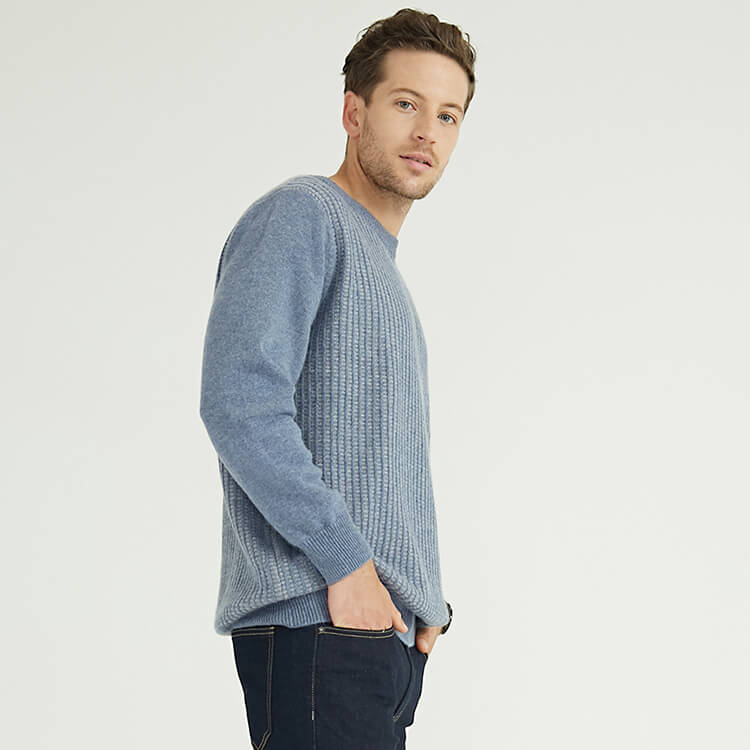 Custom Mens Cashmere Wool Blend Plaied Knitted Crewneck Pullover Sweater