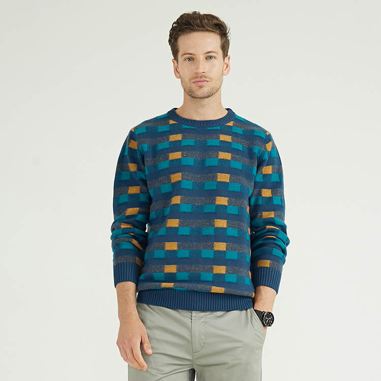 Custom Luxury Men's 100% Cashmere 0-neck Long Intarsia Plaid Knit Sweater