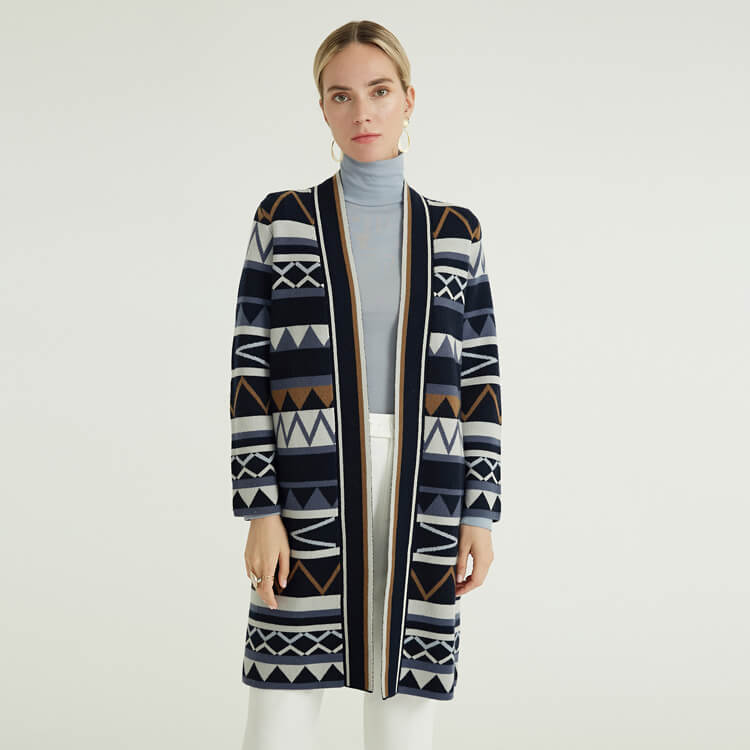 Autumn Winter Merino Wool Cashmere Lady's Cardigan Knitted Coat With Striped Design