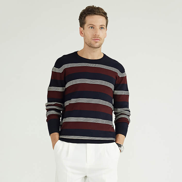 Stripe Stitching Round Neck Wool Knit Plus Size Men'S Sweaters