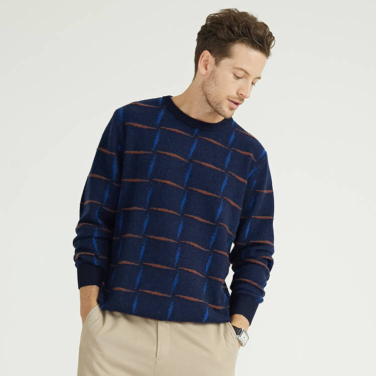 Long Sleeved Jacquard Knit Cashmere Sweaters For Men