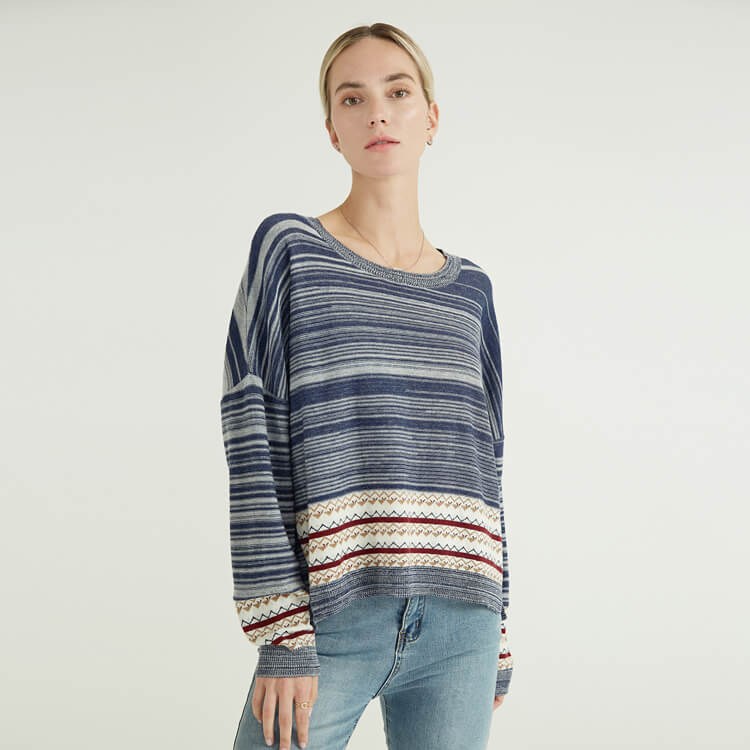 Striped Print Stitching Simple And Comfortable Knitted Pullover Women