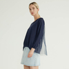 Blue Crew Neck Back Striped Tulle Design Knitted Pullover Women Knit Sweater