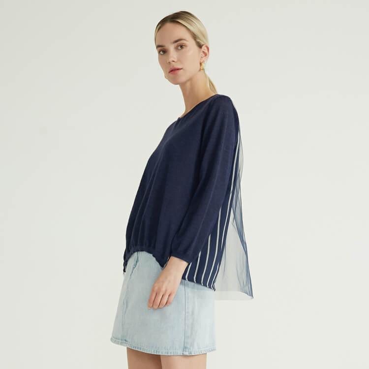 Blue Crew Neck Back Striped Tulle Design Knitted Pullover Women Knit Sweater