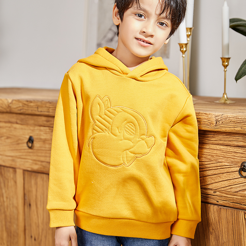 Yellow Hooded Pullover Squirrel Embellished Boy's Sweatshirt