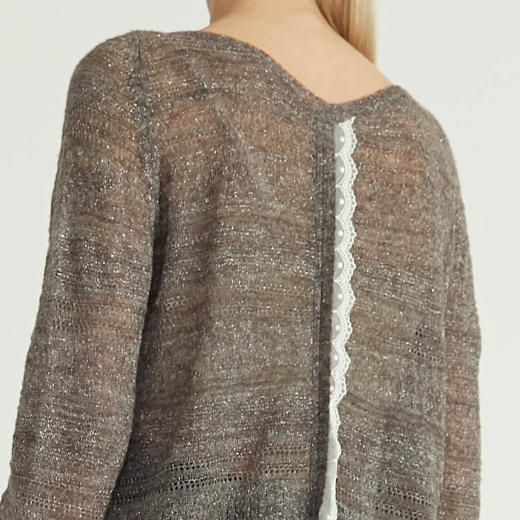 Spring And Summer Tulle Back Lace Design Knitted Sweater Pullover For Women