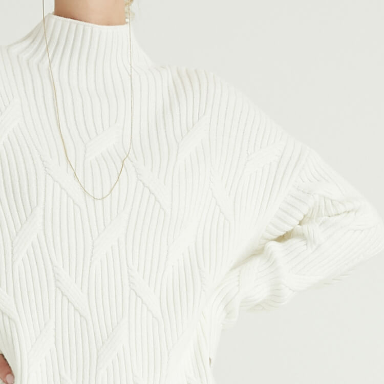 Factory White Long Sleeve High Collar Rib Chunky Woman's Sweaters For Women