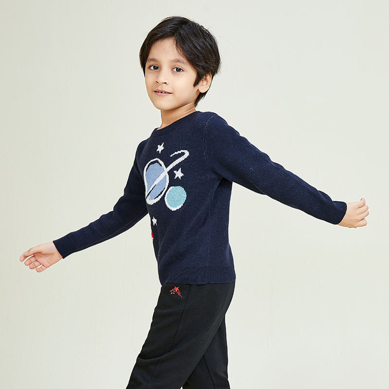 Round Neck Long Sleeve Knitting Simple Jacquard Pattern Boys Pullover Sweater