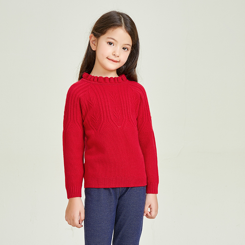 Lace Round Neck Knitting Long Sleeve Red Warm Girls Pullover Sweater