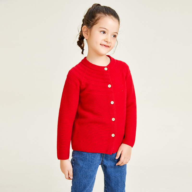Red Knitted Long Sleeve Round Neck Button Decorative Girls\' Cardigan