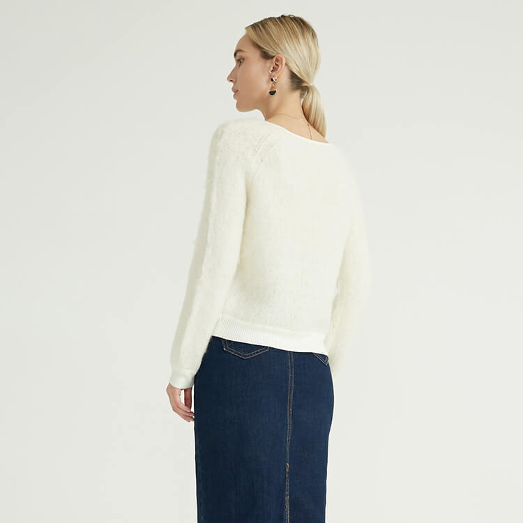 Solid Crew Neck Fashion Loose Casual Pullovers Mohair Crochet Sweater Women