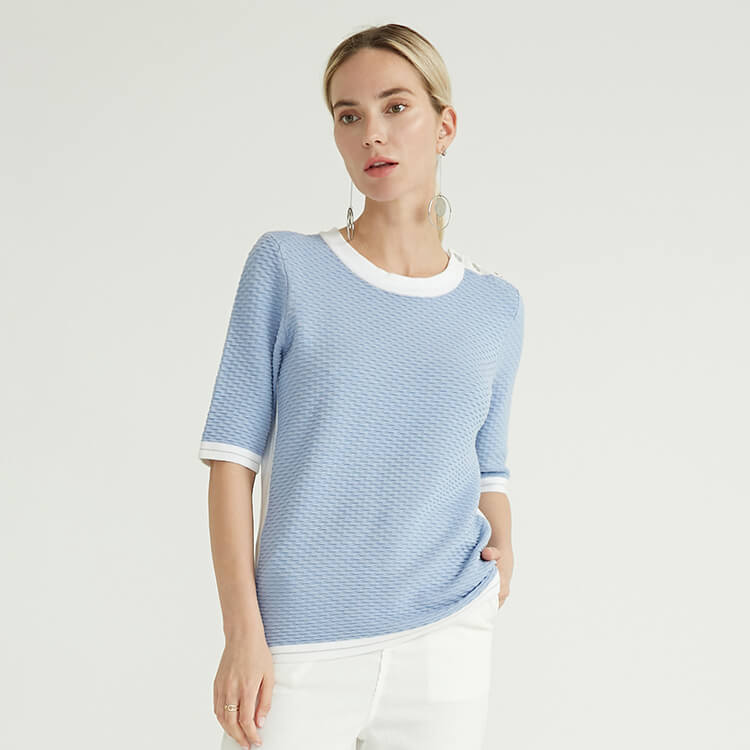 Round Neck Half Sleeve Light Blue Knit Woolen Sweaters For Women