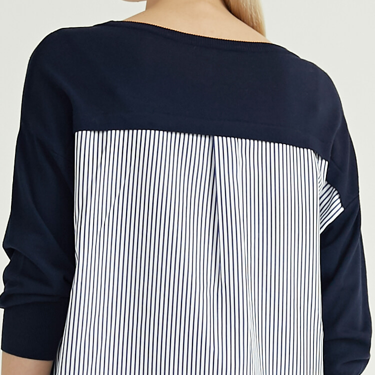 Blue Woven Striped Fabric Panel Design Knitted Pullover Sweater For Women