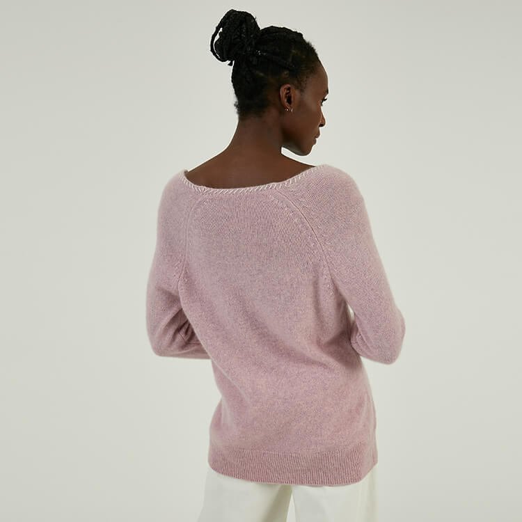 Manufacturer Custom 100% Cashmere Hand Stitching Pink V-neck Knitting Sweater