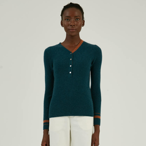 Custom 100% Cashmere Collar Colorblock Design Rib Button Up Pullover Sweater