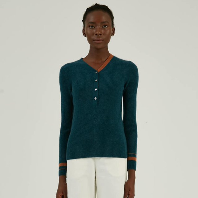 Custom 100% Cashmere Collar Colorblock Design Rib Button Up Pullover Sweater